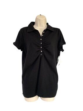 New Perfect Fit Womens Size 14W 16W Black henley Shirt Top 1/4 Button Glass Shor